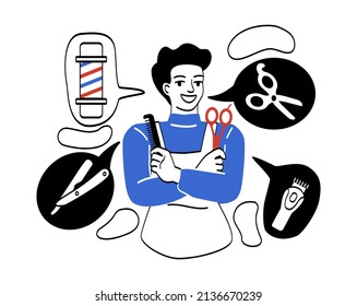 Hairdressers and barbers. Young guy shows his tools. Scissors, styling gels and other hair care products, machine and comb. Beauty, fashion and style poster. Cartoon flat vector illustration