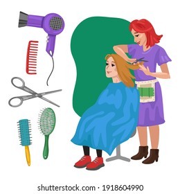 Hairdressers and combs and scissors. Professions, character and items for his work. Development of children's education. Education game. Exercise for preschoolers.Vector flat cartoon illustration.