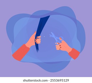 Hairdressers hands cutting long hair of woman with scissors. Female hairstylist holding professional shears, tool for haircut in beauty salon flat vector illustration. Hairstyle, barbershop concept