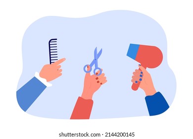 Hairdressers hands holding comb, scissors and hairdryer. Female hairstylists cutting hair, making hairstyle and haircut in beauty salon flat vector illustration. Barber service, barbershop concept