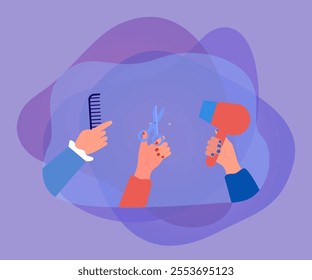 Hairdressers hands holding comb, scissors and hairdryer. Female hairstylists cutting hair, making hairstyle and haircut in beauty salon flat vector illustration. Barber service, barbershop concept