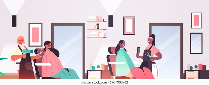 hairdressers making hair style to mix race clients modern beauty salon interior horizontal portrait vector illustration