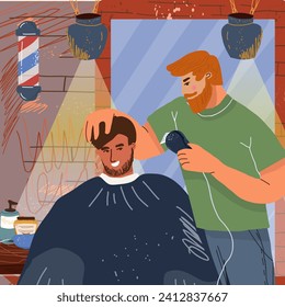 Hairdressers and male clients in a barbershop. Hairdressers and male clients in a men's beauty salon. Performing haircut, hairstyles, hair care, beard care. Flat graphics vector illustration isolated.