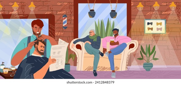 Hairdressers and male clients in a barbershop. Hairdressers and male clients in a men's beauty salon. Performing haircut, hairstyles, hair care, beard care. Flat graphics vector illustration isolated.