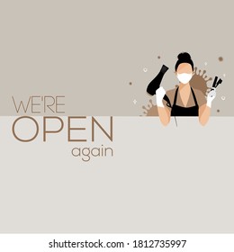 hairdressers are open again,background illustration with a female hairdresser with her tools