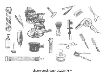 Herramientas y accesorios profesionales para peluqueros. Conjunto grande Barber Stylist. Colección vintage de la peluquería vectorial. Doodle dibujado a mano Ilustración en estilo antiguo grabado