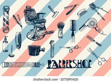 Hairdressers professional tools and accessories. Barber Stylist big set. Vector barber shop vintage collection. Hair salon labels. Hand drawn doodle retro Illustration, ancient engraving style