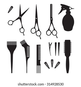 Hairdressers professional tools. Barber stylist tools set. Black and white icons for hairdressing saloon. Comb, coloring brush, bowl, clip, shears, thinning scissors, sprayer silhouettes