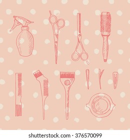 Hairdressers professional tools. Barber stylist tools set. Vintage icons for hairdressing saloon. Design elements on spots background
