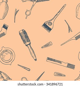 Hairdressers professional tools pattern. Barber stylist tools set backdrop. Vintage icons for hairdressing saloon. Design elements