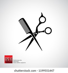 Hairdressers scissors with comb black isolated vector icon. Hairdresser, fashion salon and barber sign 
collection equipment.