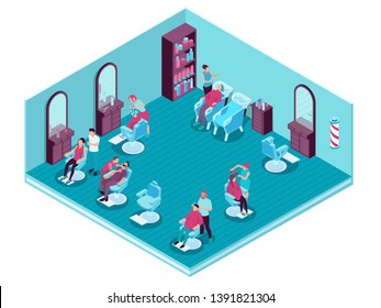 Hairdressers serving their clients in barbershop 3d isometric vector illustration