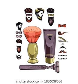 hairdresser's set, graphics, brush, cream, razor, glasses, man's beard, mustache, style, fashion, barbershop care items, color