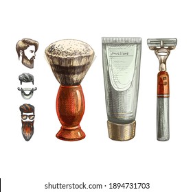 hairdresser's set, graphics, brush, cream, razor, glasses, man's beard, mustache, style, fashion, barbershop care items, color