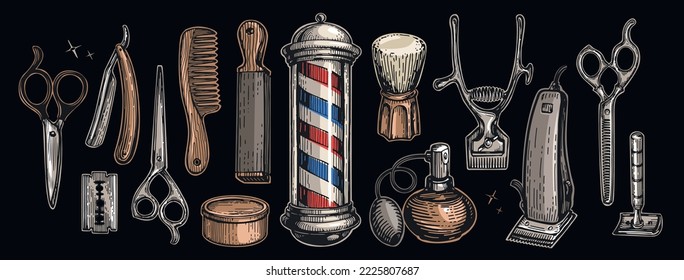 Hairdressers tools and barbershop set of objects, design elements. Barber shop and haircuts salon concept