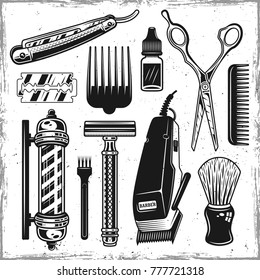 Hairdressers tools and barbershop set of vector detailed black objects, design elements in retro style on background with removable textures