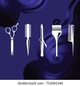 Hairdresser's tools in blue hair wave background.