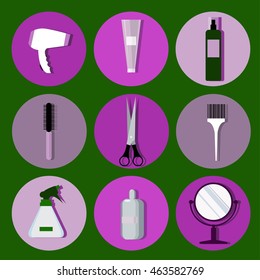 Hairdressers tools collection web icons in flat design.