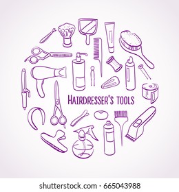 Hairdresser's tools. Illustration with bottle, cosmetics, mirror,  scissors, spray.