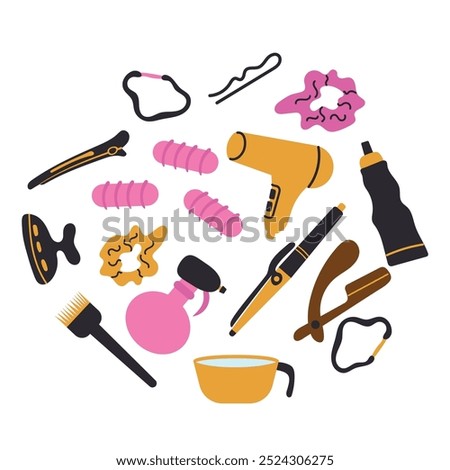 Hairdressing accessories in a circle. Vector illustration of hair bands, hairpins, scissors, hair dryer, curling iron. Background for the design of hairdressing studios, barbershops, beauty salons