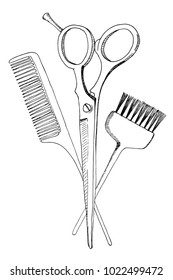 Hairdressing accessories: comb, scissors, brush for hair. The sketch marker. Vector