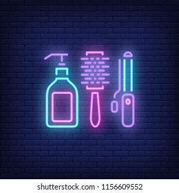 Hairdressing accessories neon sign. Hairdressing salon, style and fashion concept. Advertisement design. Night bright colorful billboard, light banner. Vector illustration in neon style.