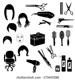 hairdressing accessories . Vector Set: Retro Hair Salon  silhouettes of hairstyles-vector