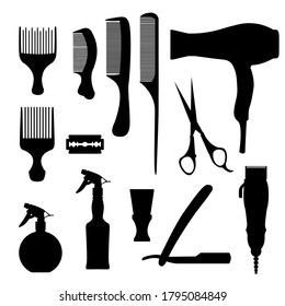 hairdressing barbershop accessories set equipment saloon concept silhouette vector illustration combs 