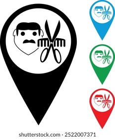 Hairdressing and barbershop symbol. Flat icon with silhouette of comb, scissors and man's face in placeholder. Icon set in black and white  and in red, blue, green color version