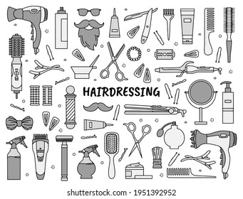 Hairdressing and barbershop tools. A set of vector icons in the Doodle style for beauty salon. Combs, scissors and razors.