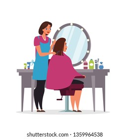 Hairdressing, Beauty Salon Flat Illustration. Professional Hairdresser In Apron And Client In Chair Cartoon Characters. Fashion Parlor, Stylist Profession. Woman Doing Haircut.