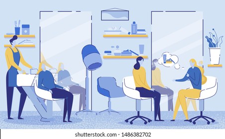 Hairdressing Beauty Salon Interior Flat Cartoon Vector Illustration. Stylist Washing Clients in Bath. Tables, Chairs, Mirrors, Hair Dryer, Shelves with Combs, Spray, Gel and Parfumes.