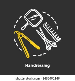 Hairdressing Chalk Concept Icon. Hairdresser Salon Professional Equipment, Hairstylist Tools Idea. Scissors, Comb And Straightening Iron For Hairstyling. Vector Isolated Chalkboard Illustration