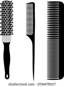 Hairdressing combs. A barber's tool. Combs for hair styling. Set of combs and brushes for hairdressing.