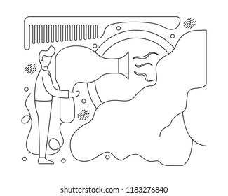 Hairdressing concept. Flat illustration with hairdresser and hair tools.
 Line art.