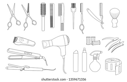 Hairdressing equipment and accessories.  Design elements of beauty salons and hair salons.  Isolated contour.  Vector