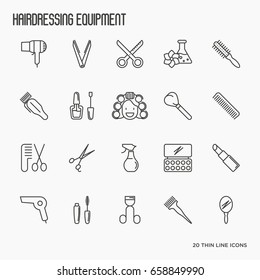 Hairdressing equipment, hair salon, barber shop thin line icons. Vector illustration