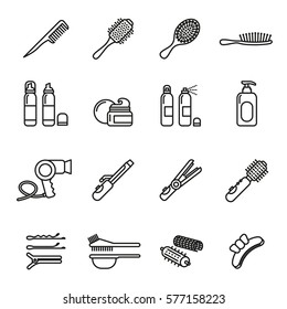 Hairdressing equipment, Hair styling icons set. Line Style stock vector.