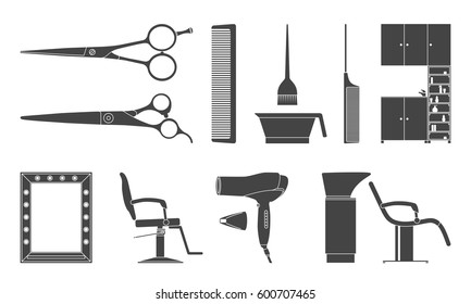 Hairdressing equipment icons. Hairdresser salon silhouettes. Accessories barber, hairdressing scissors, hairdresser washbasin. Set. Isolated Vector Illustration.