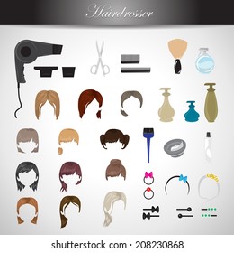 Hairdressing Equipment Icons Set - Isolated On Gray Background - Vector Illustration, Graphic Design Editable For Your Design