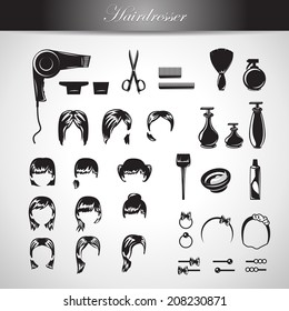 Hairdressing Equipment Icons Set - Isolated On Gray Background - Vector Illustration, Graphic Design Editable For Your Design