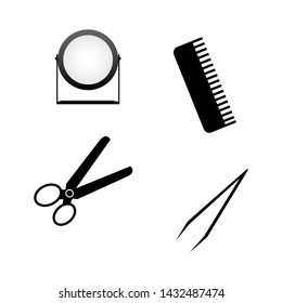 Hairdressing equipment. Scissors, comb, mirror and tweezers, flat vector icon