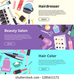 Hairdressing equipment setof banners vector illustration. Hairdresser, beauty salon, hair color. Hair style salon texture with scissors, combs, straightening iron, hair dryer symbols.