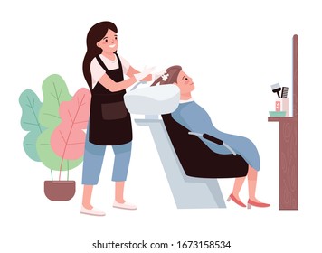 Hairdressing flat color vector characters. Female hairdresser washing client's hair. Cosmetic preparation for coloration. Professional hairstylist. Beauty salon procedure isolated cartoon illustration