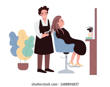 Caracteres vectoriales de color plano de la cabeza. Peluquería masculina haciendo corte de pelo. Una clienta caucásica femenina que se pone peinada. Peluquería profesional. Salón de belleza procedimiento aislado ilustración de caricatura