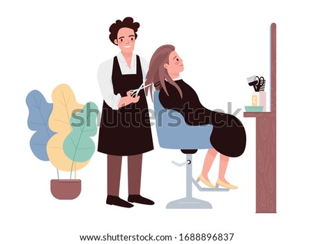 Hairdressing flat color vector characters. Male hairstylist doing haircut. Female caucasian client getting hairdo. Professional hairdresser. Beauty salon procedure isolated cartoon illustration