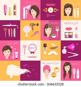Hairdressing flat symbols vector set