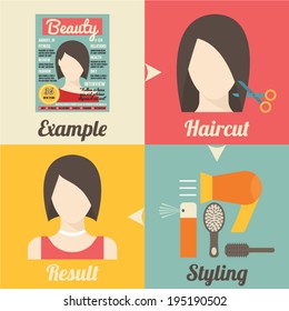 Hairdressing. Haircut process: choosing image, haircut, styling and final result. Woman at beauty salon. Flat design vector illustration. 