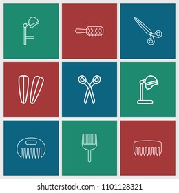 Hairdressing icon. collection of 9 hairdressing outline icons such as barber scissors, salon hair dryer, hair barrette, comb. editable hairdressing icons for web and mobile.