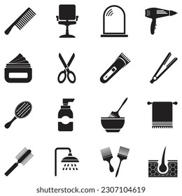 Iconos de peluquería. Diseño plano negro. Ilustración vectorial.